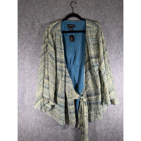 Lane Bryant Blouse Women 18 Green Tie Front Flare Sleeve Forest Fairy Boho Y2K - Picture 1 of 7